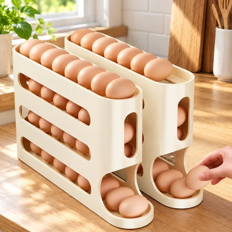 4-Tier Ladder Style Egg Storage Rack for Refrigerator Side Door with Auto-Rolling Mechanism and Spacious Design