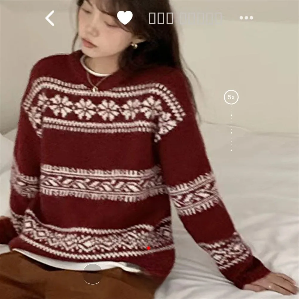 

Thiened вязаный большой свитер свободного покроя Nordic Sle Wine Red Fair Isle Pattern Футболка с эффектом похудения с объемной вышивкой