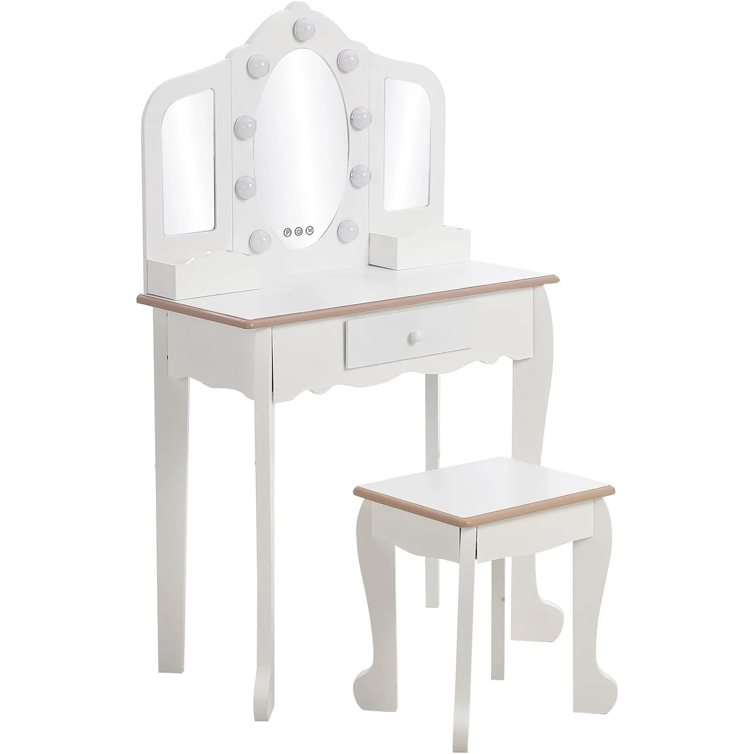 

Kids Vanity with Lighted Mirror Little Girls Vanity Table & Stool Kids Makeup with Tri-Fold Mirror,Drawer & Storage Grid