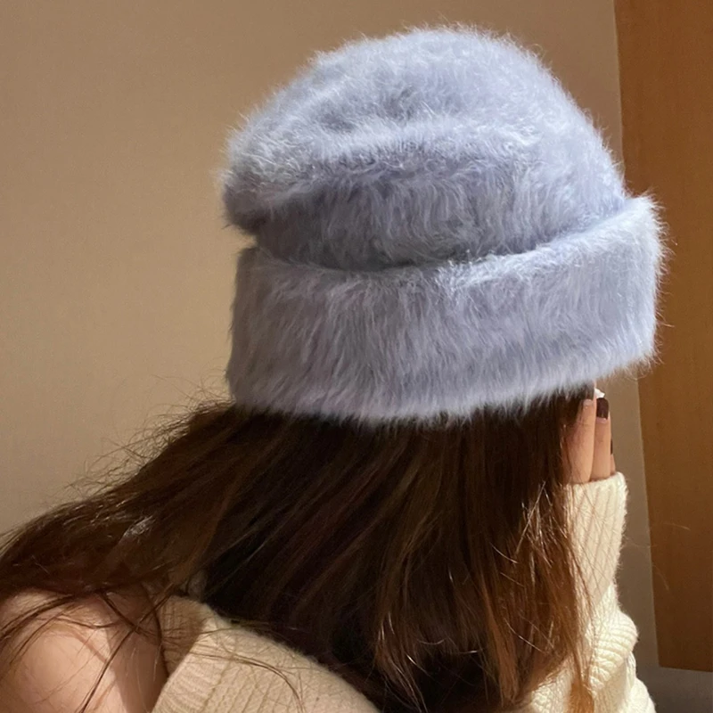 Angora Rabbit Fur Winter Hat for Women Knitted Fluffy  Beanie Ladies Fashion Warm Plush Skull  Thick Fleece Hats wholesale