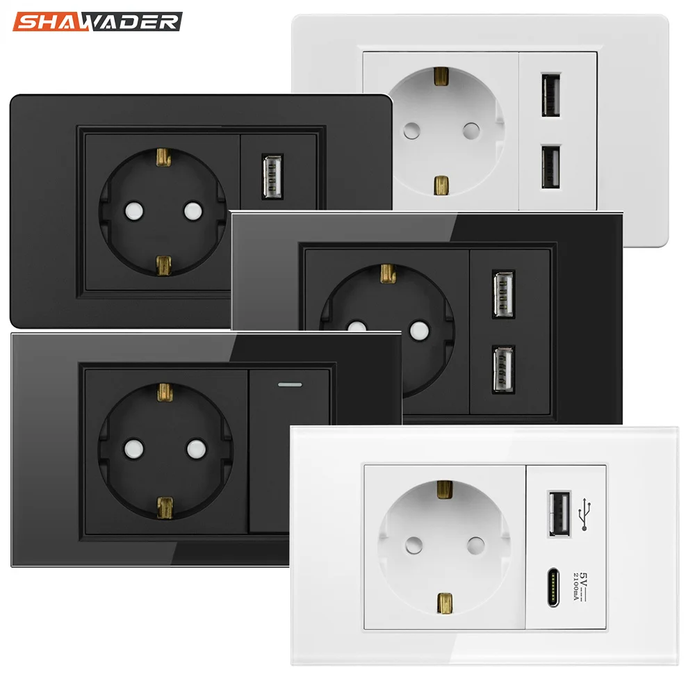 Shawader EU Plug Power Wall USB Type C Socket Pressure Switch Tempered Plastic Glass Panel European Rectangle Outlet Home Office