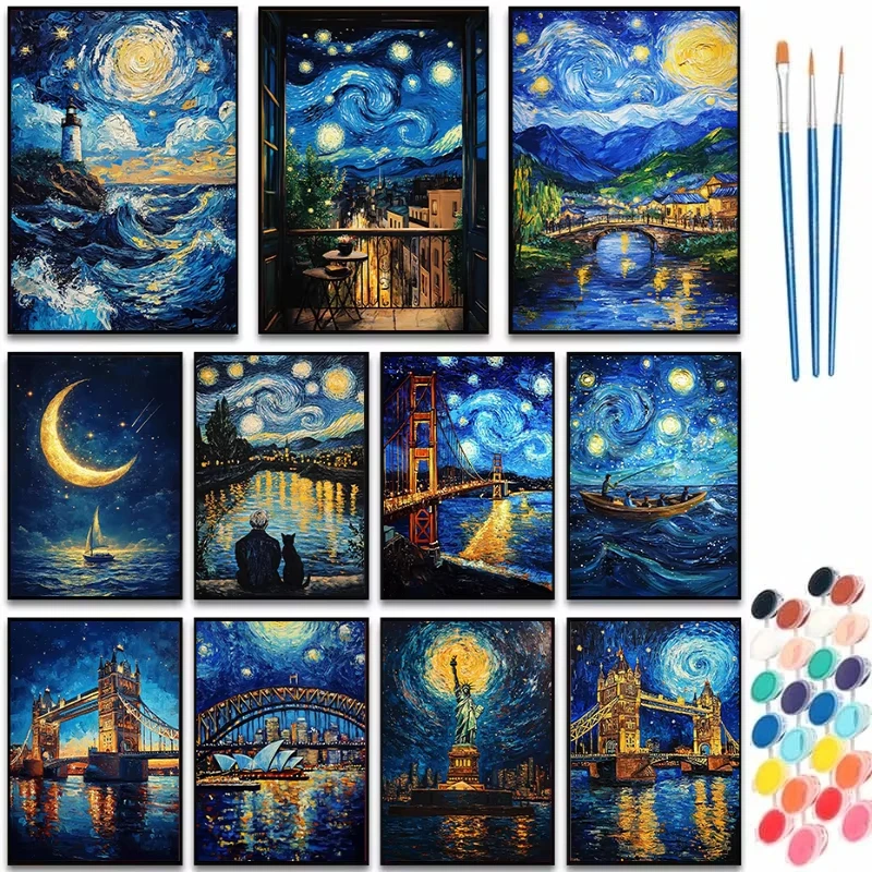 Kits de peinture par numéros DIY, paysage de ciel étoilé, dessin sur toile, peinture à la main, cadeau artistique, décoration intérieure