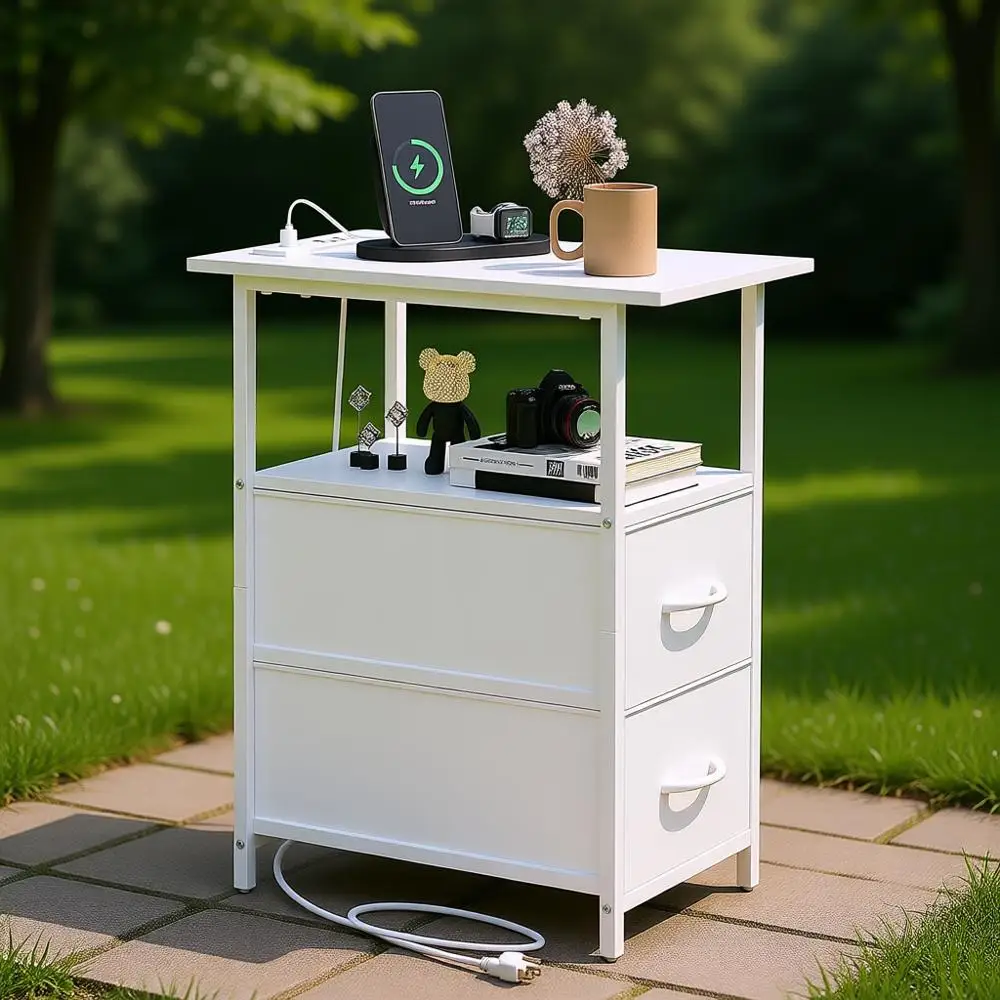 

Slim White Leather Side Table with Storage and Charging Station for Bedroom or Living Room
