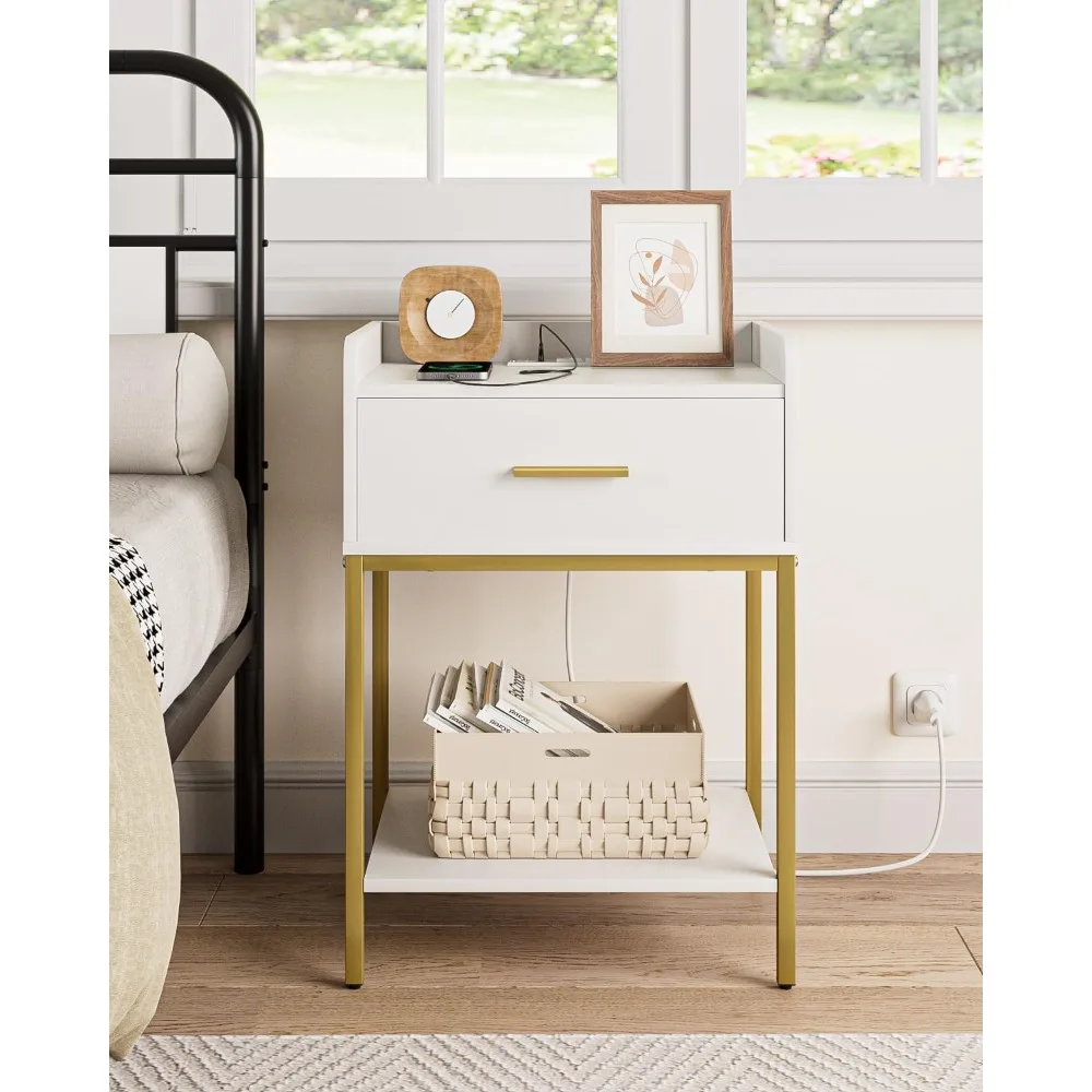 

Nightstand with Charging Station,3-Tier Modern Bedside Night Stand with Storage Drawer and Shelf,Small End Side Table for Bedro