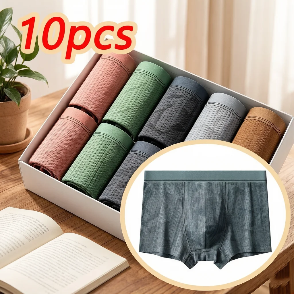 

10pcs Men's Pure Cotton Underwear, Men's Boxer Briefs, Trendy Boys' Sports Boxer Briefs, Antibacterial Boxer Shorts