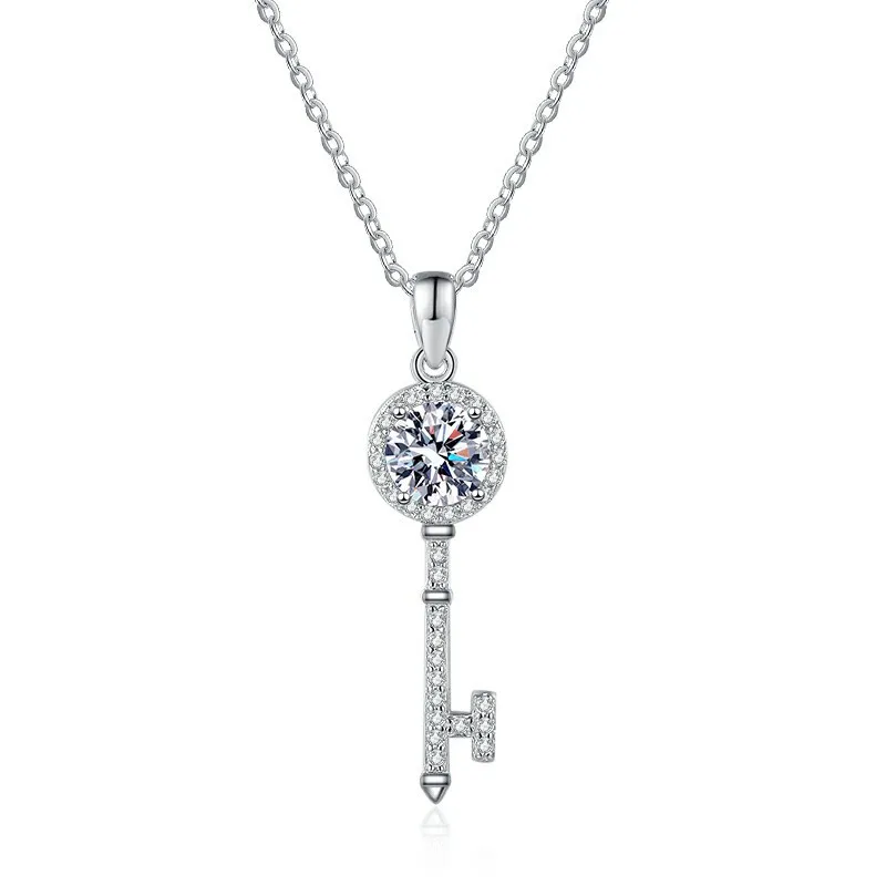 S925 Sterling Silver Necklace Mosang Diamond Pendant Light Luxury Fashion Key Female D Color Mosang Stone 1 Carat