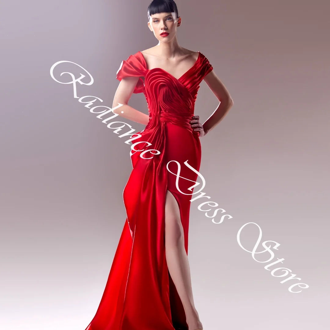 تخصيص الحديثة جيرسي مستقيم قبالة الكتف فساتين السهرة نصف الأكمام زيبر الظهر الأحمر فساتين المناسبات الخاصة #5