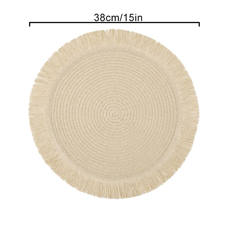 Round Braided Placemats Fringe Paper Table Mats Hand Woven Non-slip Insulation Place Mats Tea Cup Pad Dining Table Decorations