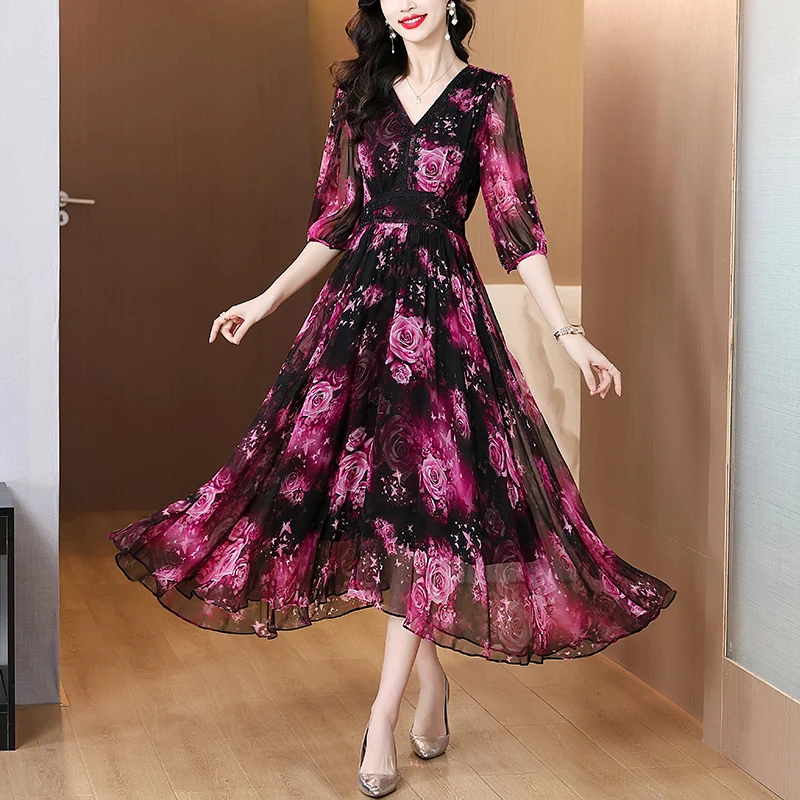 

Summer Women Korean Elegant Light Casual Loose Vintage Vestidos 2025 Office Lady V-neck Natural Silk Hollow Out Sexy Midi Dress
