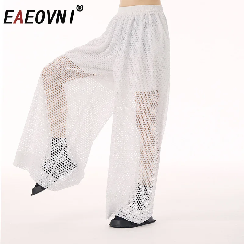

EAEOVNI, свободные повседневные длинные брюки с вырезами, эластичные летние широкие брюки с высокой талией, мода 2025 года, новая женская одежда