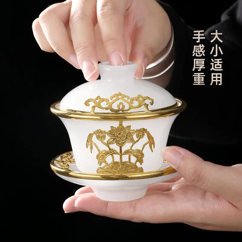 Handmade gold inlaid jade glazed three talent cover bowl teacup household kung fu tea set tea brewer large tea bowl with lid