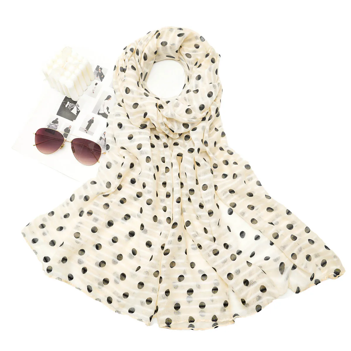 A fashionable and versatile polka dot striped printed cotton and linen thin women\'s scarf and shawl