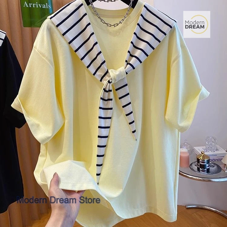 

Korean plus-size loose striped shawl short-sleeved T-shirt women's summer new fashion high-grade casual fake two tops