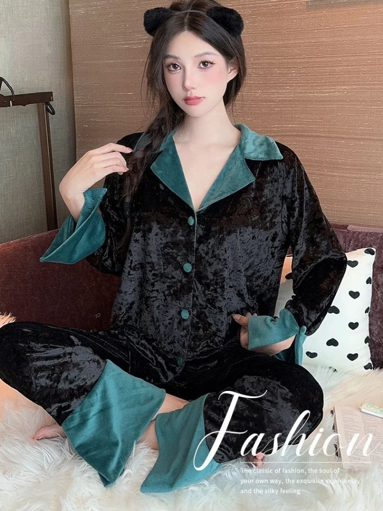 Luxury velvet Patchwork Pajamas set Long Sleeve Cardigan Pants Women Autumn Winter Homewear Sleepwear Two pieces Black Nightwear