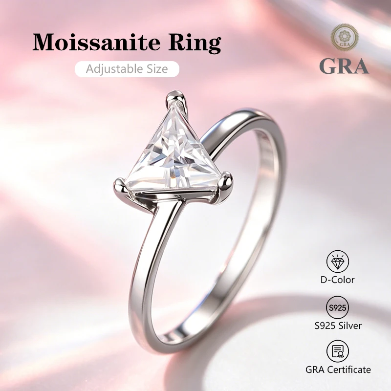 0.5-2.0ct Triangle Cut Moissanite Ring D Color S925 Silver Diamond Tester Passed Luxury Wedding Gift for Women with GRA Certific