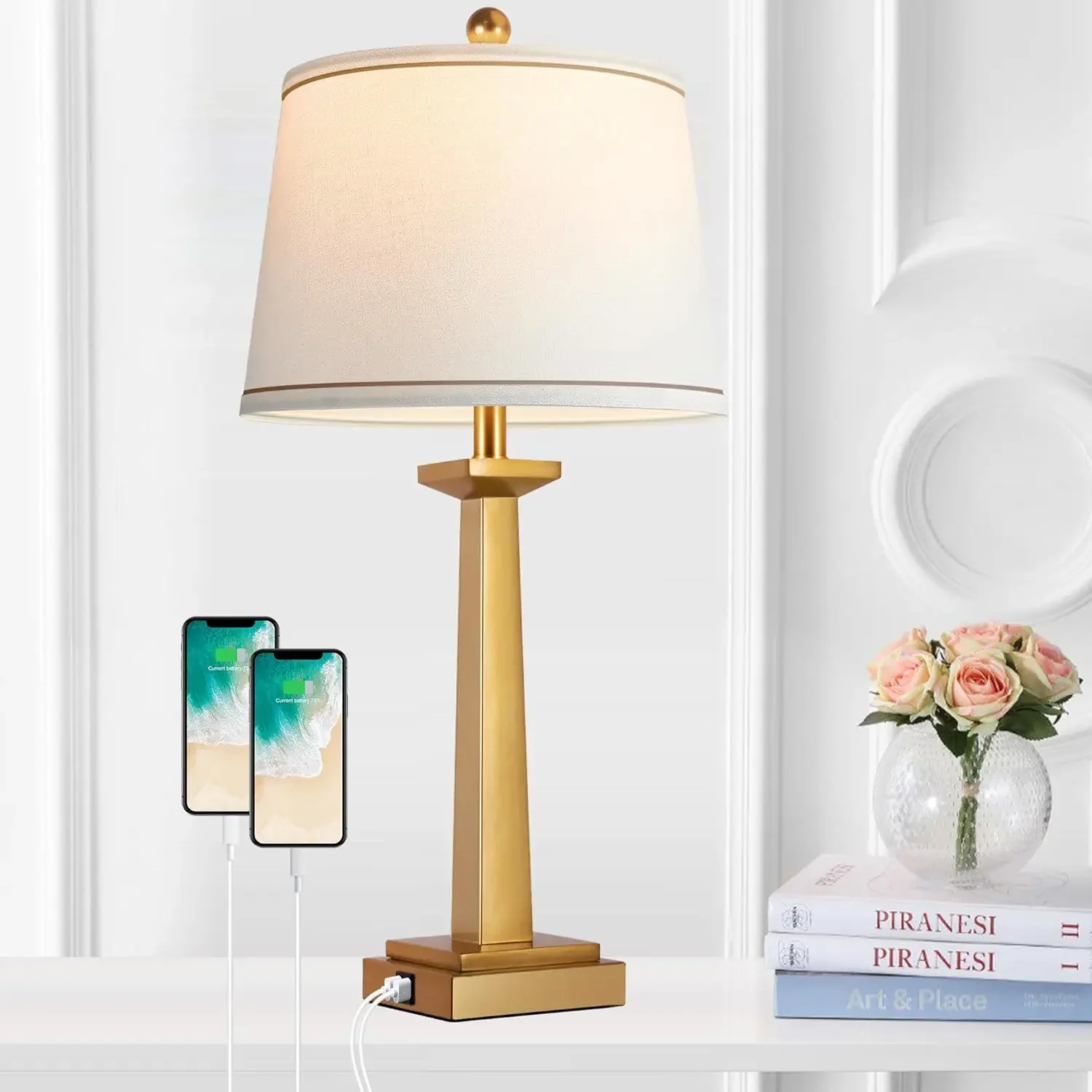 

29" Gold Table Lamps with 2 USB Charging Ports, 3-Color Temperature Nightstand Modern Lamps with Rotary Switch, Resin Brass Tall