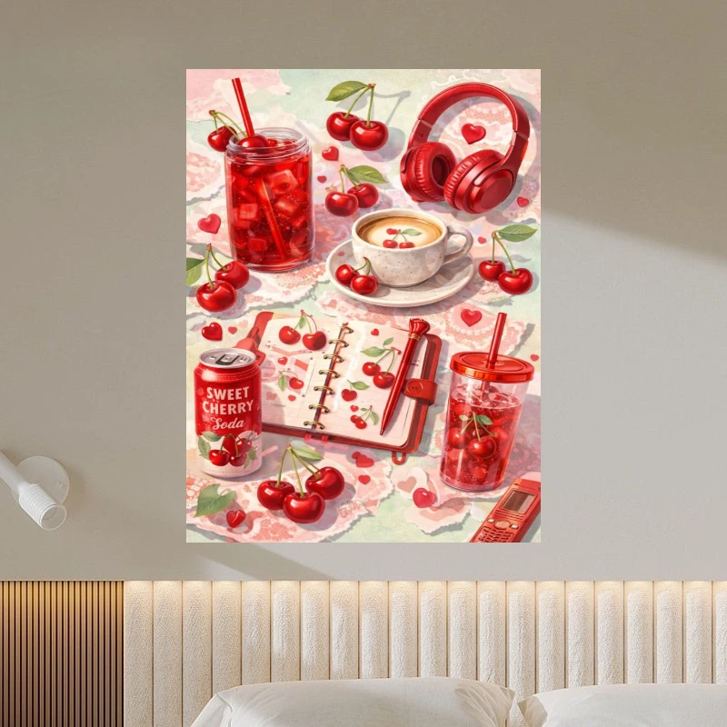Sweet Cherry Soda Coffee Still Life Modern Canvas Oil Painting Paint by Numbers for Living Room Bedroom Home Decor No Frame