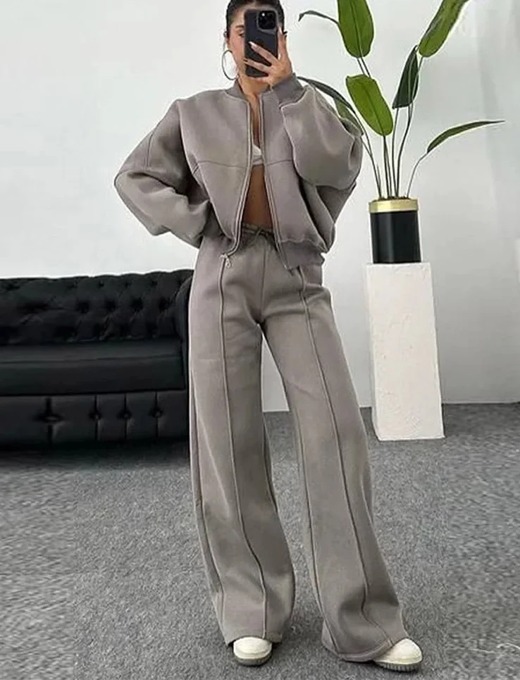 

Women Casual Sweatshirt Pants Set Spring Autumn Zippers Jacket Loose Lace-up Elastic Waist Trousers Suits