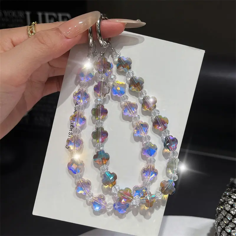 

Новая маленькая цепочка для телефона с кристаллами клевера и бусинами на телефон, короткая веревка на запястье, подвеска для предотвращения потерь на открытом воздухе для всех чехлов для телефонов