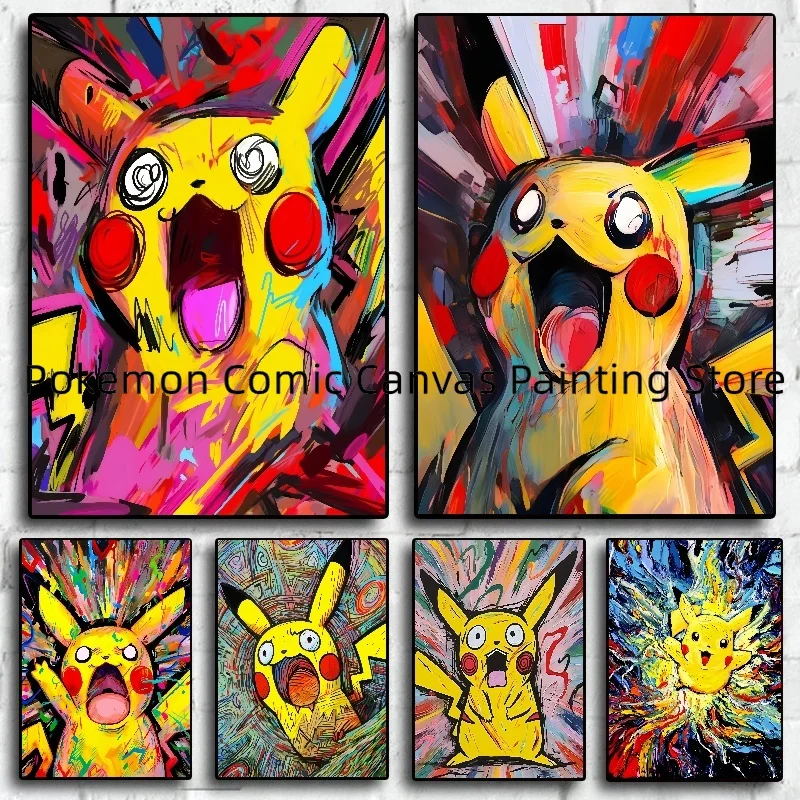 

Japanese Peripheral Anime Pokemon Pikachu Art Painting Canvas Stickers and Posters Room Bedroom Decoration Children's Gifts