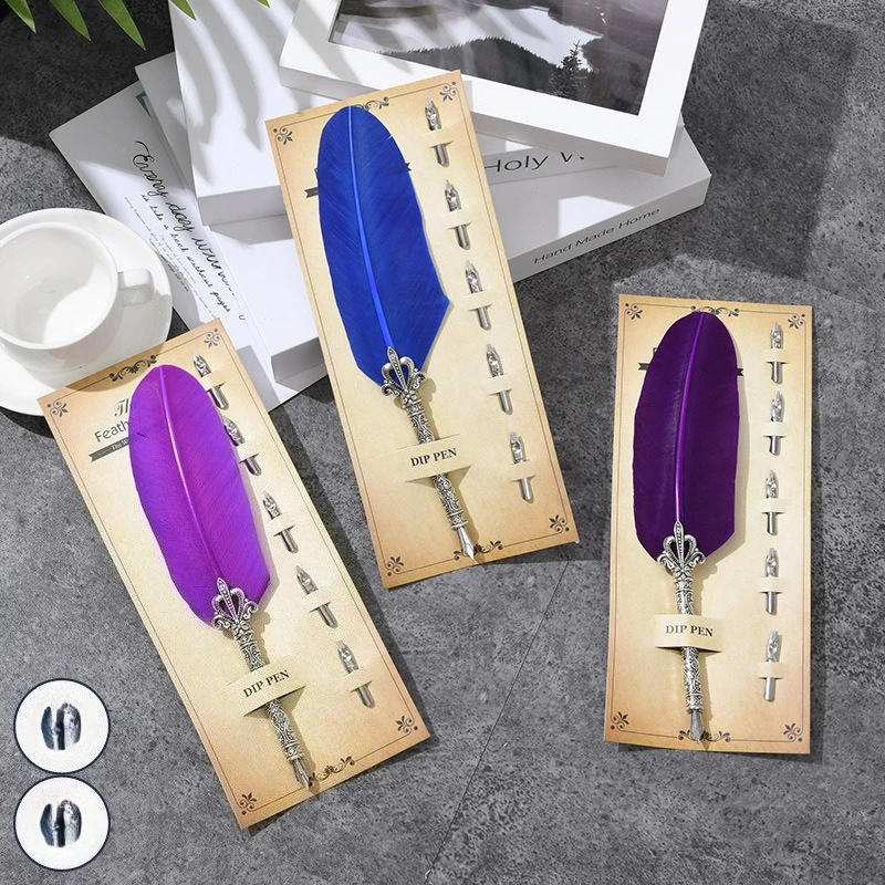 

1Pc New Feather Quill Dip Pen Set with 5 Replaceable Nibs Antique Style Fountain Pen for Calligraphy Wedding Gift