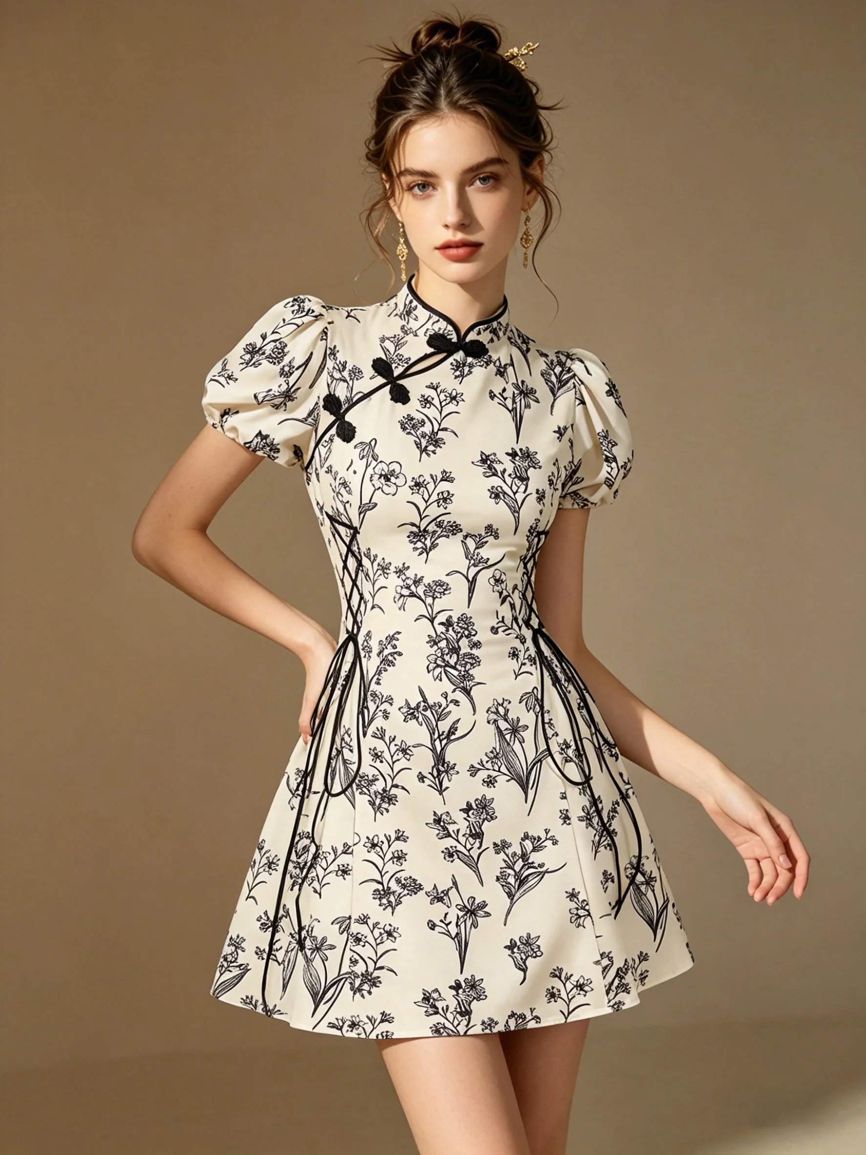 Damen-Minikleid im Cheongsam-Stil mit Blumenmuster |   Puffärmel und Schnürung an der Taille