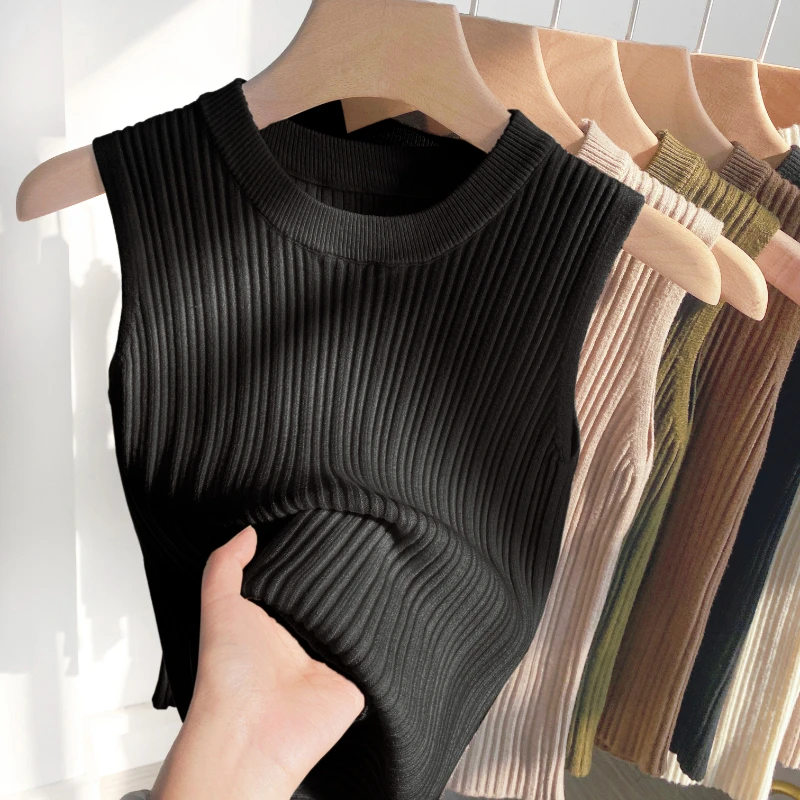 Solid Slim Thin Sleeveless Knitted Sweater 2026 Spring Summer O-Neck Shirt for Women Elegant Casual Blouse Blusas