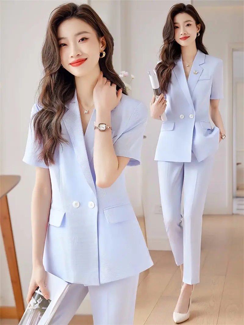 

OL Short Sleeved Suit Women's Summer Professional Temperament Clothes Slim Fit Casual Blazer Coat And Pants Two Piece Set Z624