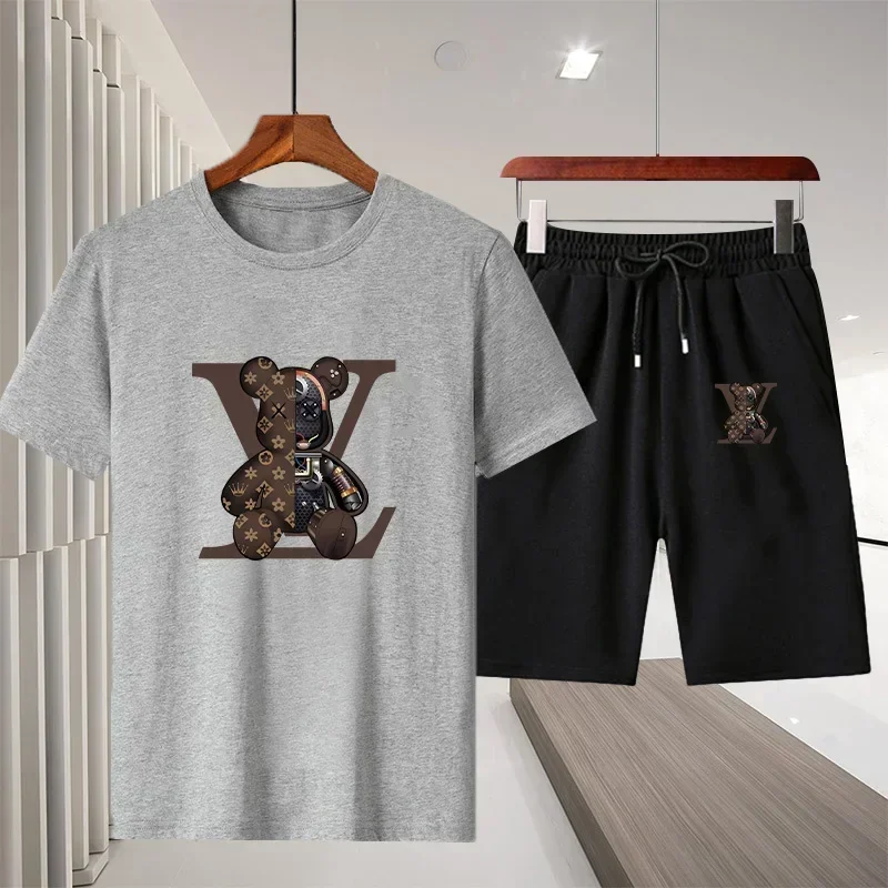 Men's cotton breathable T-shirt and shorts set, 2-piece, men's and women's fashionable short-sleeved knitwear, sports outfit - view 3