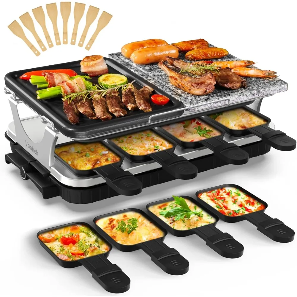 Voohek BBQ Grill Smokeless Indoor Electric Grill Cooking Stone Adjustable Temperature 8 Raclette Pans 8 Wooden Spatulas 1300W