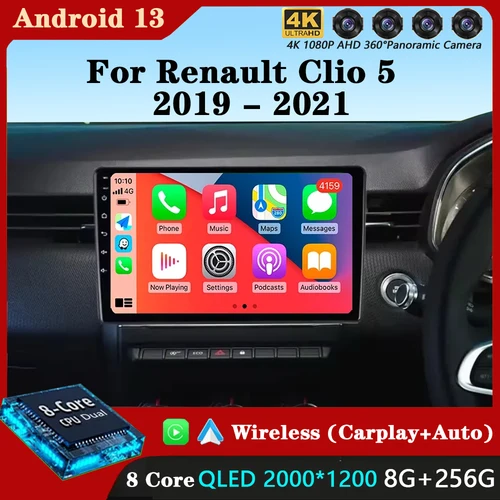 Radio Multimedia con GPS para coche, reproductor de vídeo con Android 13, Carplay, Wifi, cámara 2019, para Renault Clio 5, Lutecia 2021-360