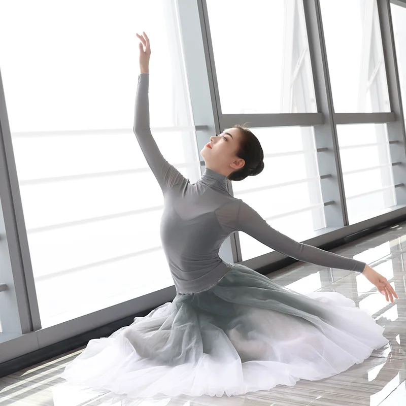 

1pcs/lot vintage Women Ballet costumes Adults Dance long sleeve top Skirts Adults Soft Gradient Gray Ballet Dress