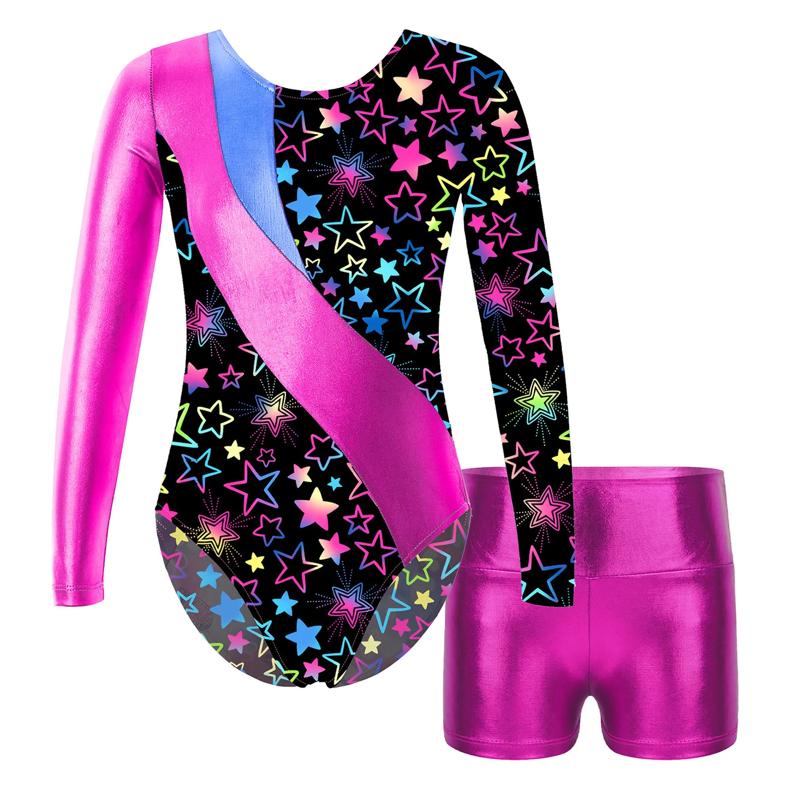 Kids Girls Printed Patchwork Gymnastics Leotard with Shorts Children's Long Sleeve Ballet Dance Outfit Performance Dancewear