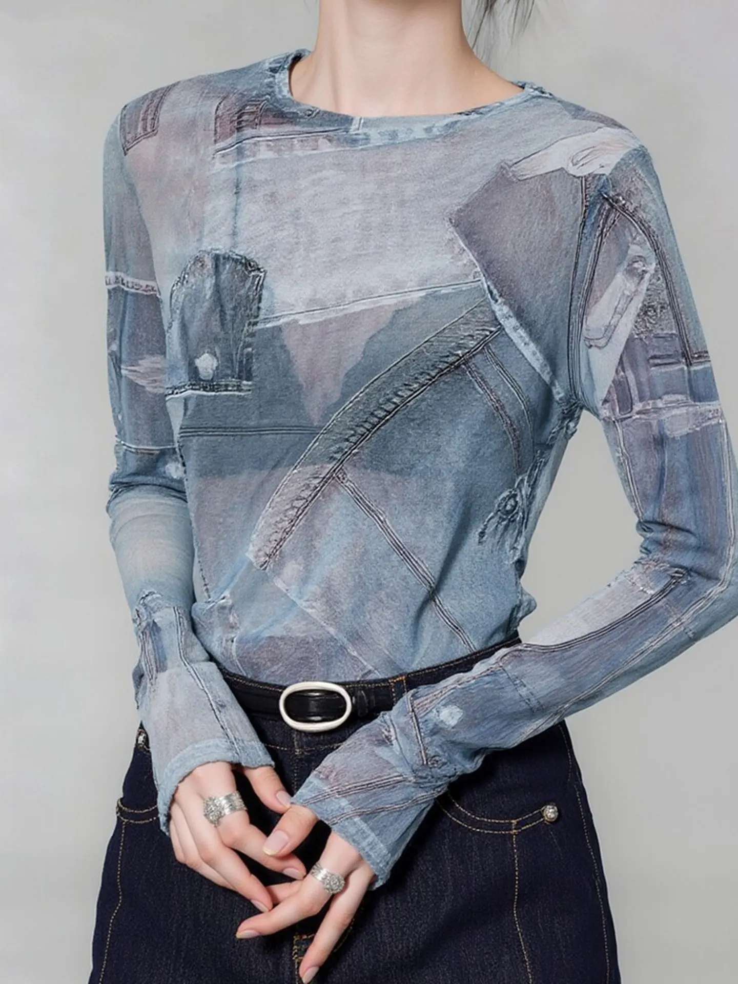 

Модная джинсовая футболка с длинным рукавом и круглым вырезом, базовая модель, европейский дизайн премиум-класса, весенняя коллекция