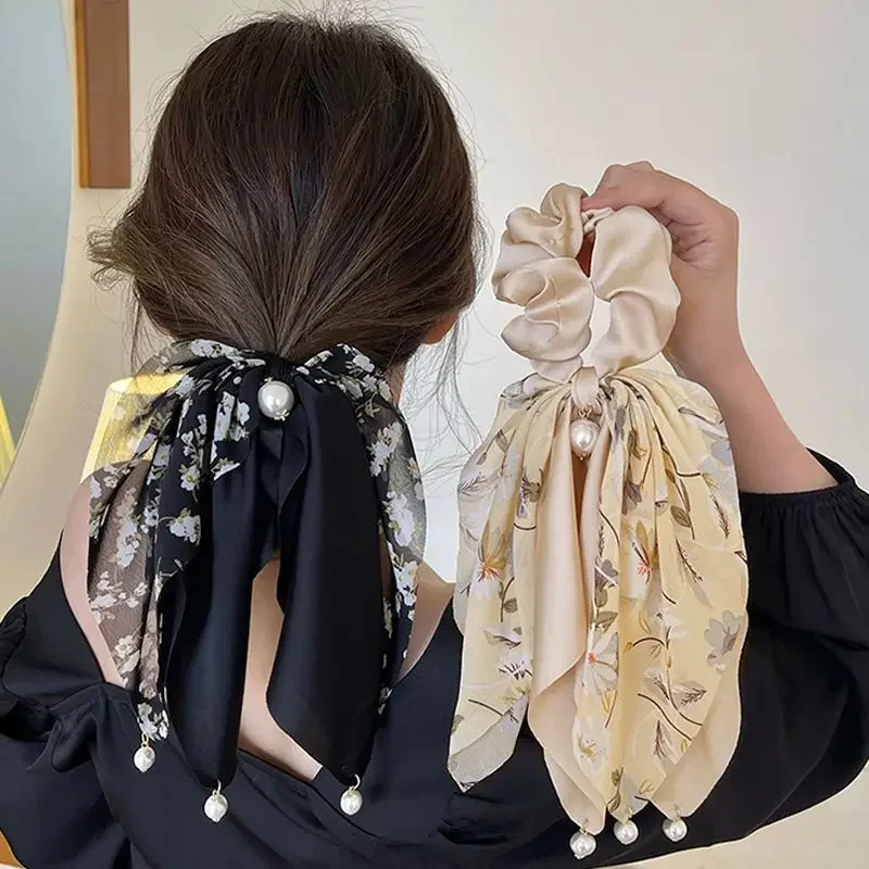 Elegance Print Long Ribbon Hair Scrunchies for Women Elastic Satin Ponytail Scarf Girls Bow Hair Bands with Pearl Boho Hair Tie