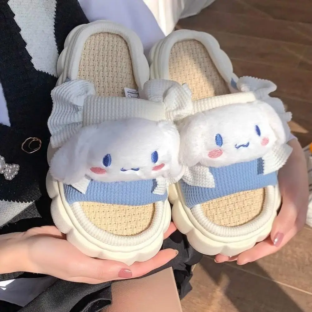 Sanrioed Cinnamoroll Home Slippers Anime Hello Kitty Kuromi Indoor Four Seasons Slippers Kawaii Cartoon Girls Linen Plush Cute