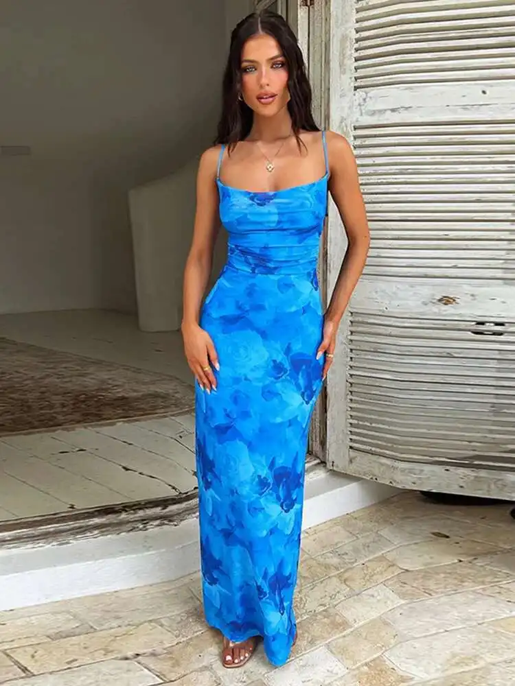 Women's Elegant Directional Design 2024 New Printed Pocket Neck Halter Long Dress