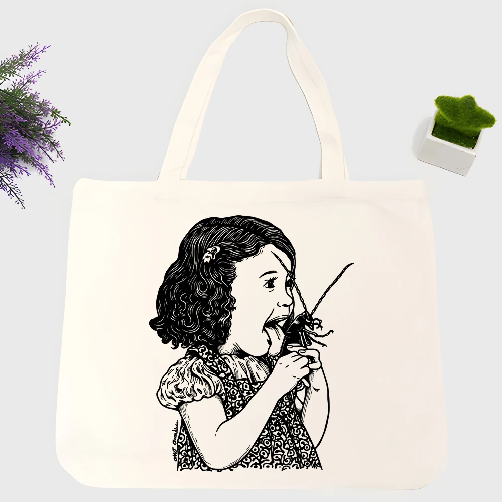 Women's girl with spider graphic canvas tote bag, artistic print for casual daily use and weekend outings