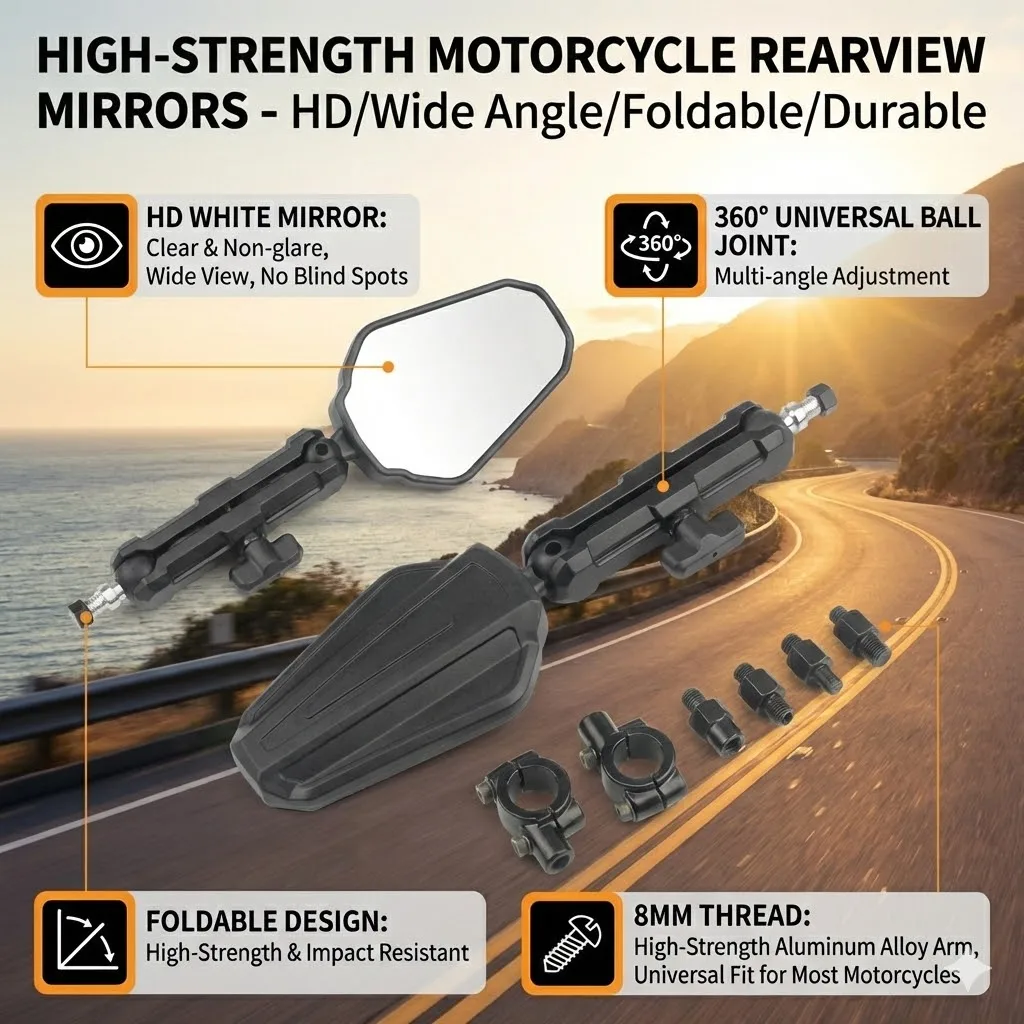 

Мотоциклетные зеркала с регулируемым углом наклона, складные, для установки на руль, с креплением на руль 7/8 дюйма и совместимостью с винтами 8/10 мм