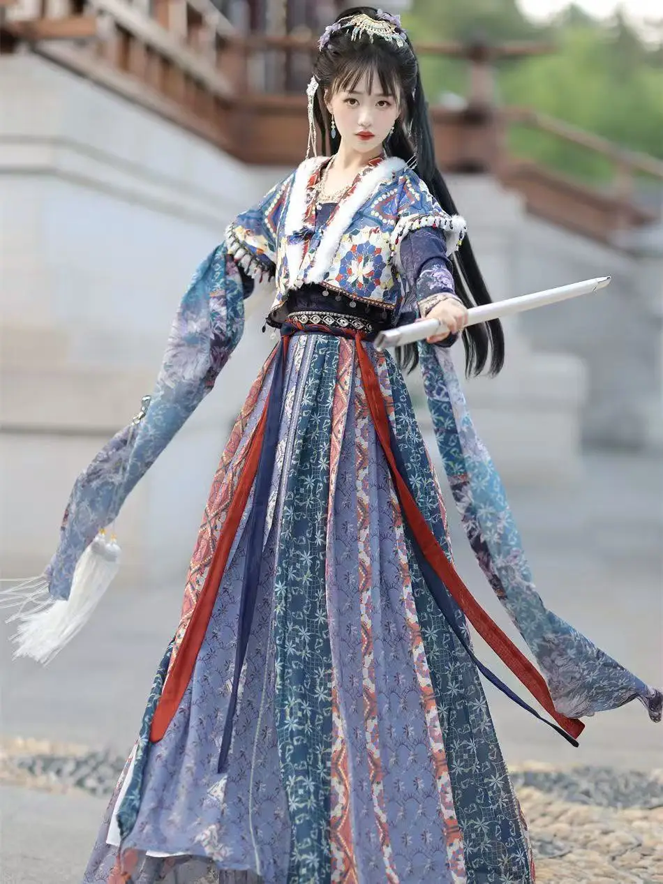 Traditional Autumn Winter Hanfu Women's Tang Dynasty Half Sleeve Printing Costume Halloween Princess Cosplay Clothing Stage Suit