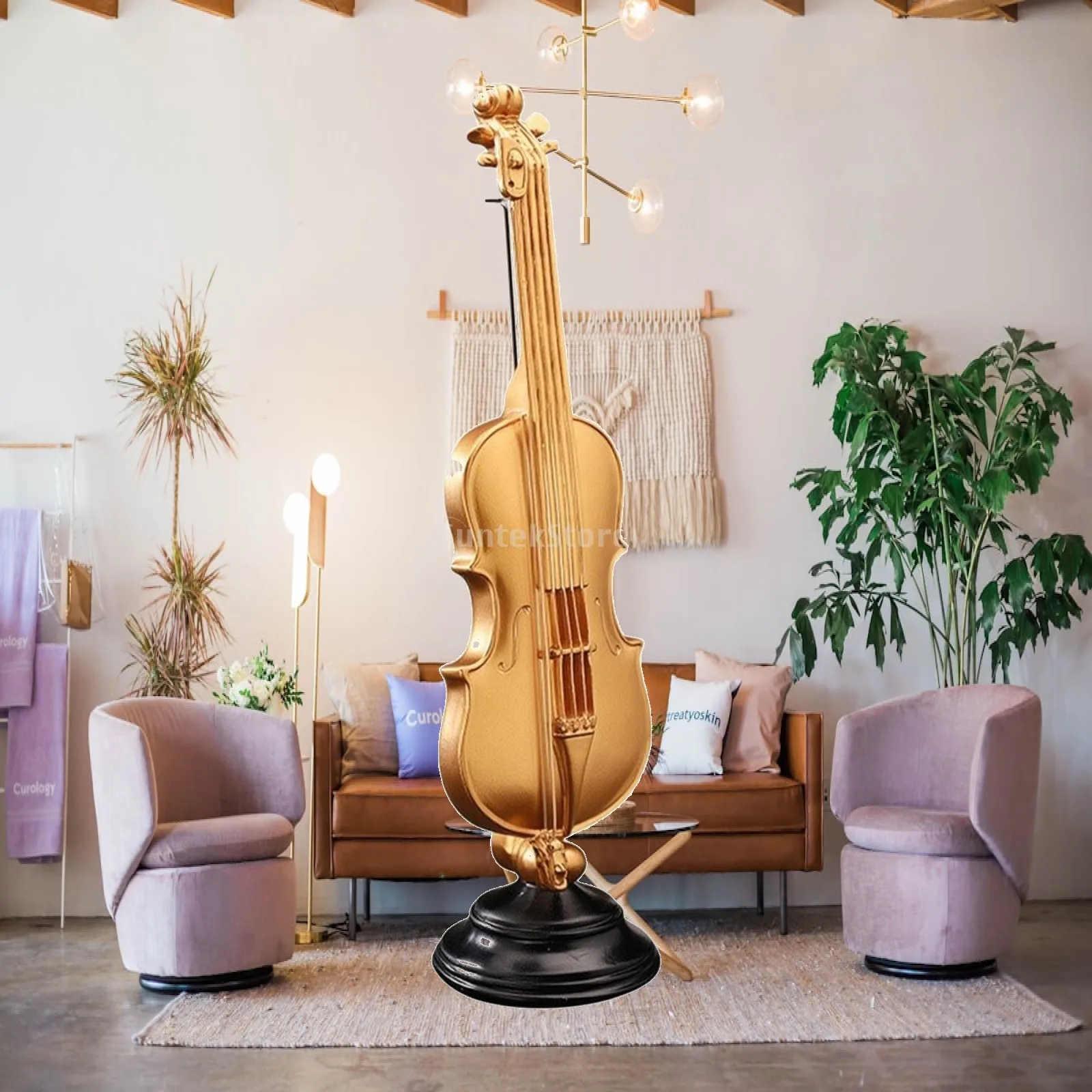 Violin Shaped Resin Figurine Gold Decor for Tabletop Display Music Theme Interior Classic European Ornament Art with Pedestal