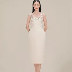 Runway Autumu Spaghetti Strap Bodycon Long Dress Sexy Women's Square Collar Embroidery Flower Sleeveless Tank Party Belt Dresses