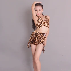 Child Female Samba Salsa Rumba Training Suit Girl Tango Cha Cha Latin Dance Leopard Print Latin Dance Practice Suit Dance Dress