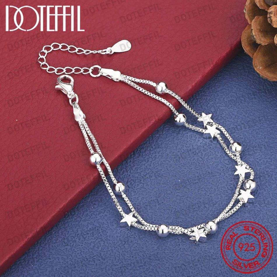 Elegantes 925 Sterling Silber 8 Zoll Exquisites Doppelschichtiges Stern-Armband Damen Mode Party Accessoires Schmuck