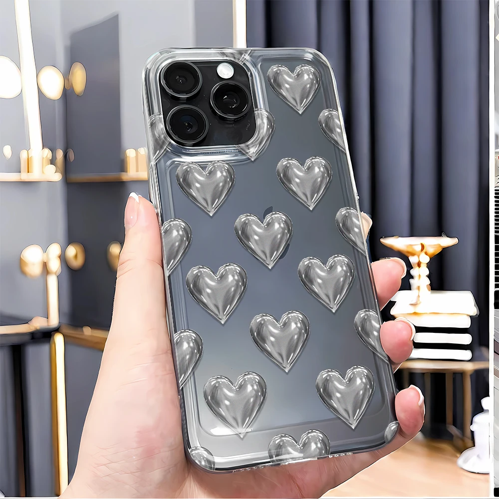 حافظة هاتف فضية مميزة على شكل قلب لهاتف آيفون 16 15 14 Plus 13 12 11 Pro Max X XS XR 7 8 Plus حافظة Funda غطاء ممتص للصدمات 16 15 #1
