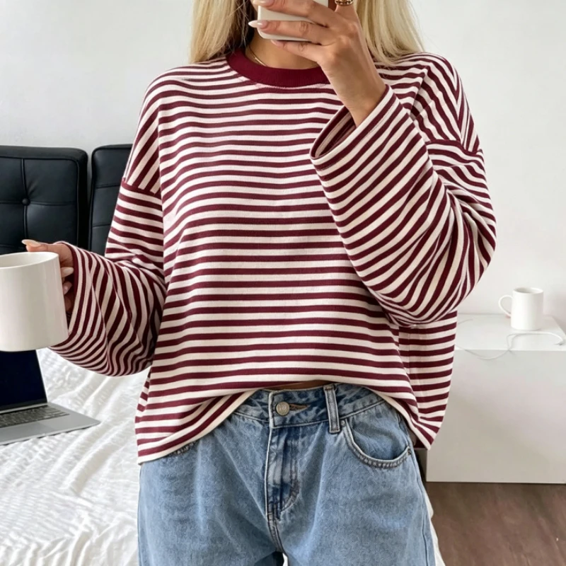 Y2K Women's T-shirt Spring and Autumn Round Neck Striped Long Sleeve Loose T-Shirts Streetwear Vintage Casual Tee Tops