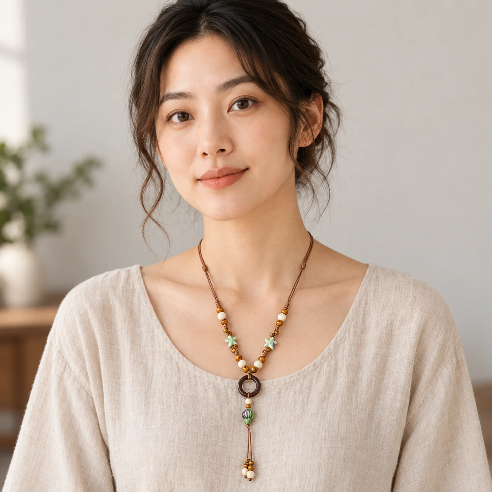 Handmade Ceramic Necklace with Braided Wax Cord Wooden Ring and Conch Bead Pendant Artisan Jewelry (101 Chars) 609P5-01