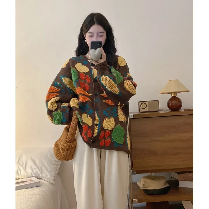 Sweet Jacquard Contrast Color Mori Style Warm Sweater Loose Cardigan Coat 2024 Autumn and Winter New Oversized Sweater Women Top