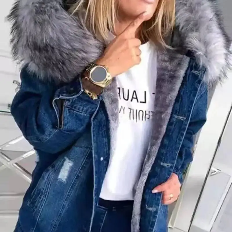 Women's Fleece-Lined Denim Jacket Thickened Winter Coat Hole Design Cotton Outerwear Regular Style From Mainland China