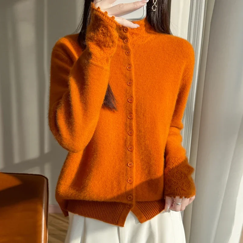 Spring Autumn Sweater Sweet Style 100% Merino Wool Sweater Women Short Cardigan Mock Neck Knitted Cut Out Long Sleeve Female Top